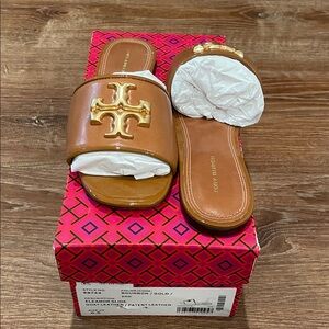 Tory Burch Eleanor Gold Logo Slide Sandals